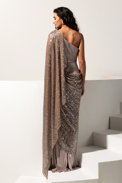 Metallic Brown One Shoulder Drape Saree Gown- Hazel