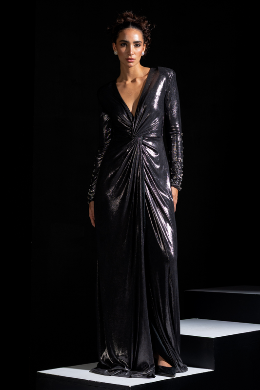 Metallic Grey Full Sleeves Knot Drape Gown - Titan