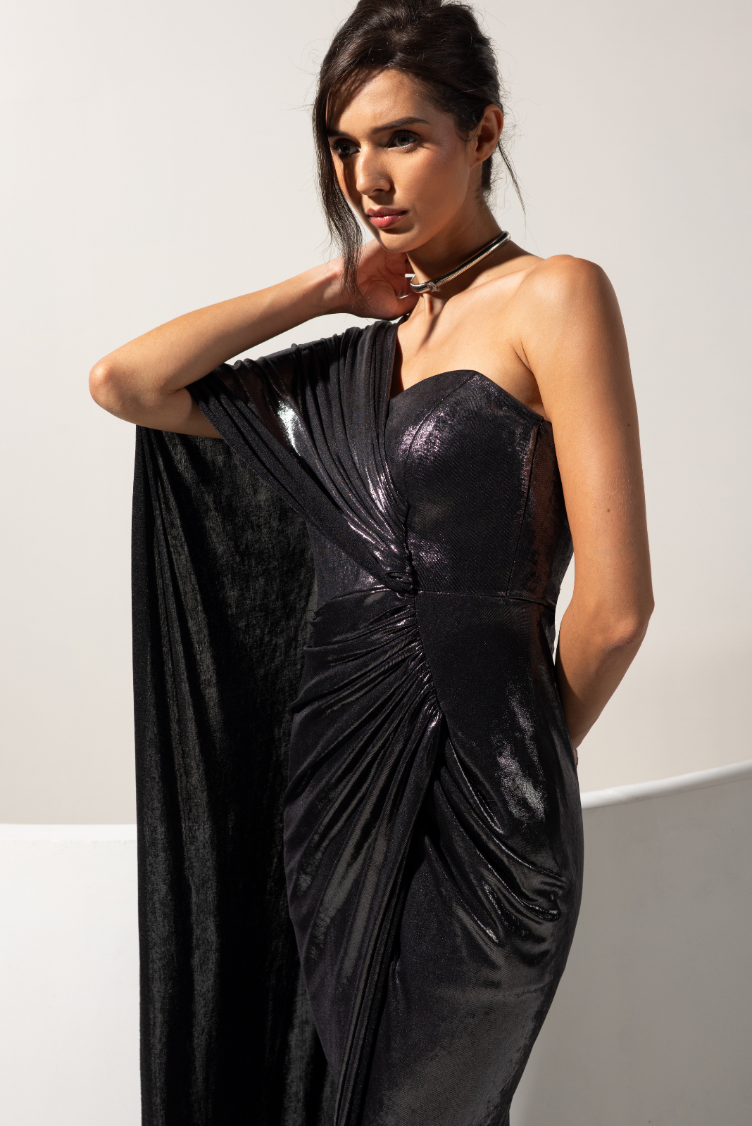 Metallic Grey One Shoulder Drape Gown - Gunmetal