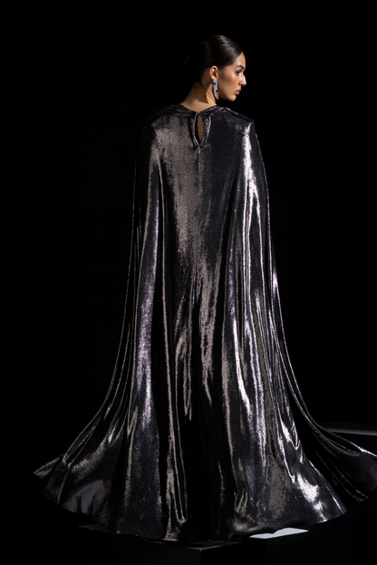 Metallic Grey Tube Corset Drape Gown with Cape - Smoke