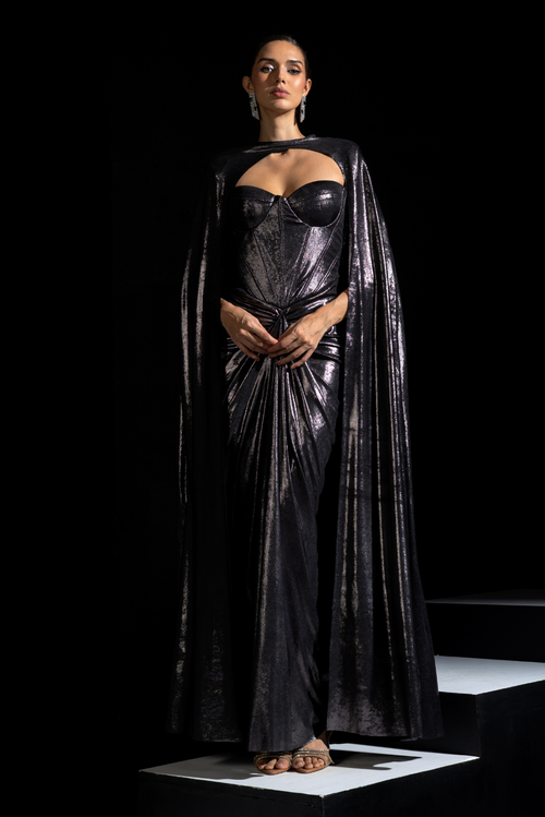 Metallic Grey Tube Corset Drape Gown with Cape - Smoke