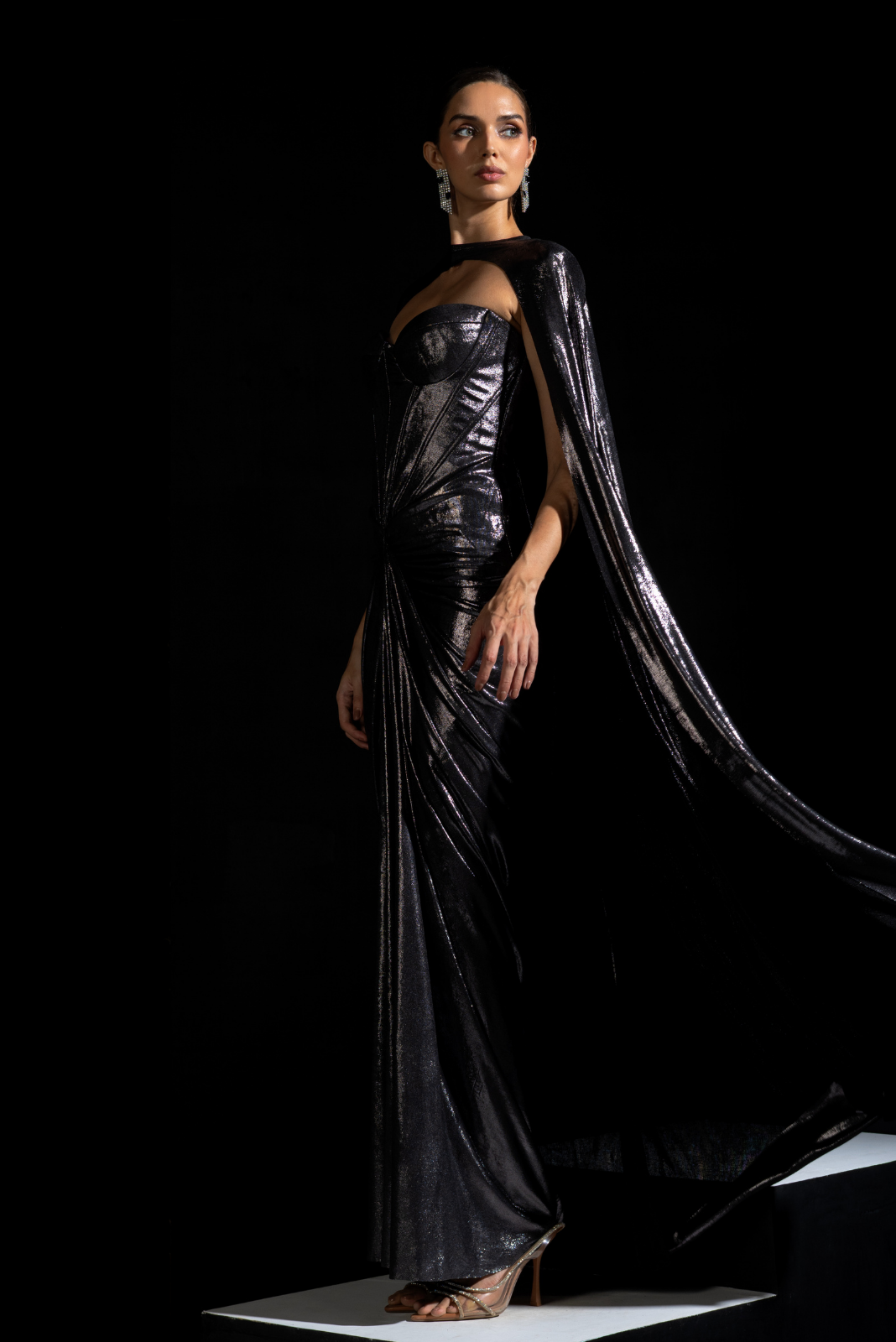 Metallic Grey Tube Corset Drape Gown with Cape - Smoke