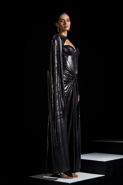 Metallic Grey Tube Corset Drape Gown with Cape - Smoke