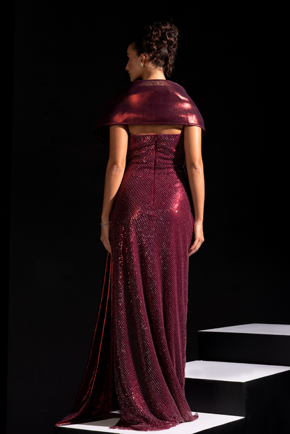 Metallic Red Structured Gown - Ox blood