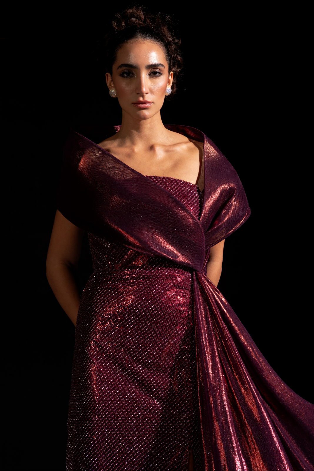 Metallic Red Structured Gown - Ox blood