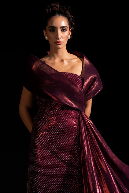 Metallic Red Structured Gown - Ox blood