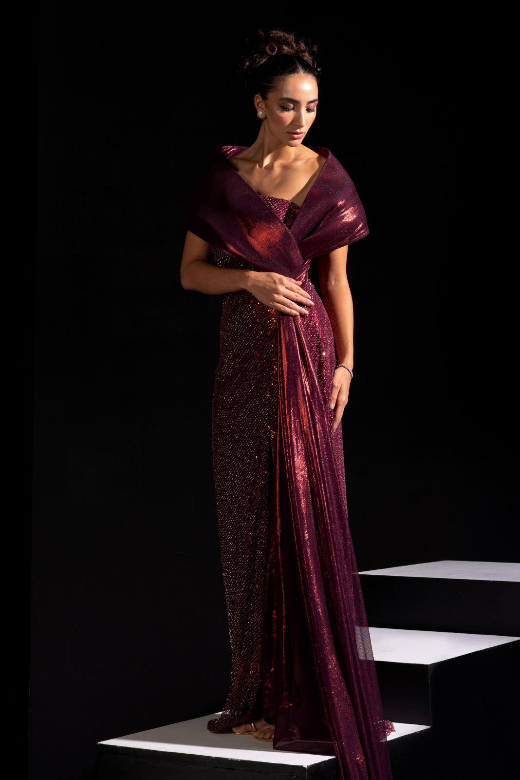 Metallic Red Structured Gown - Ox blood