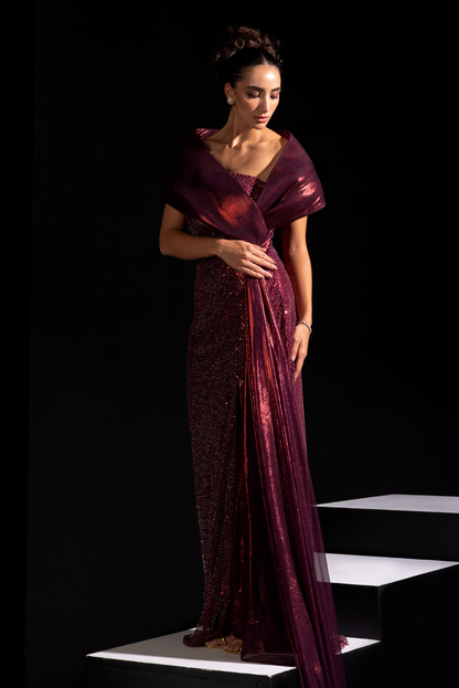 Metallic Red Structured Gown - Ox blood
