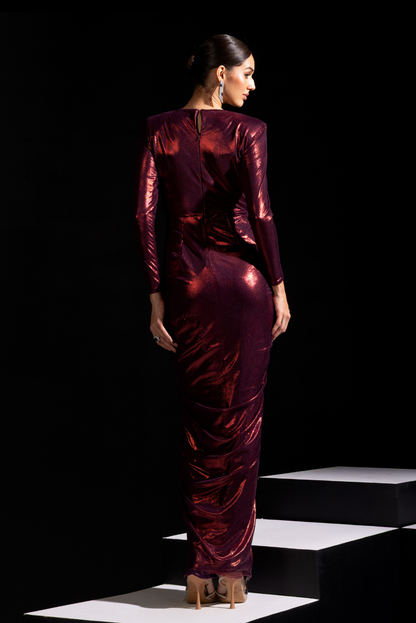 Metallic Red Full Sleeves Drape Gown - Claret