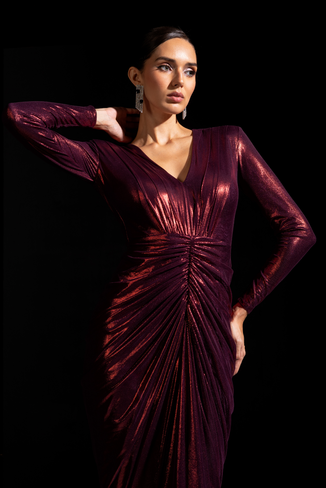 Metallic Red Full Sleeves Drape Gown - Claret