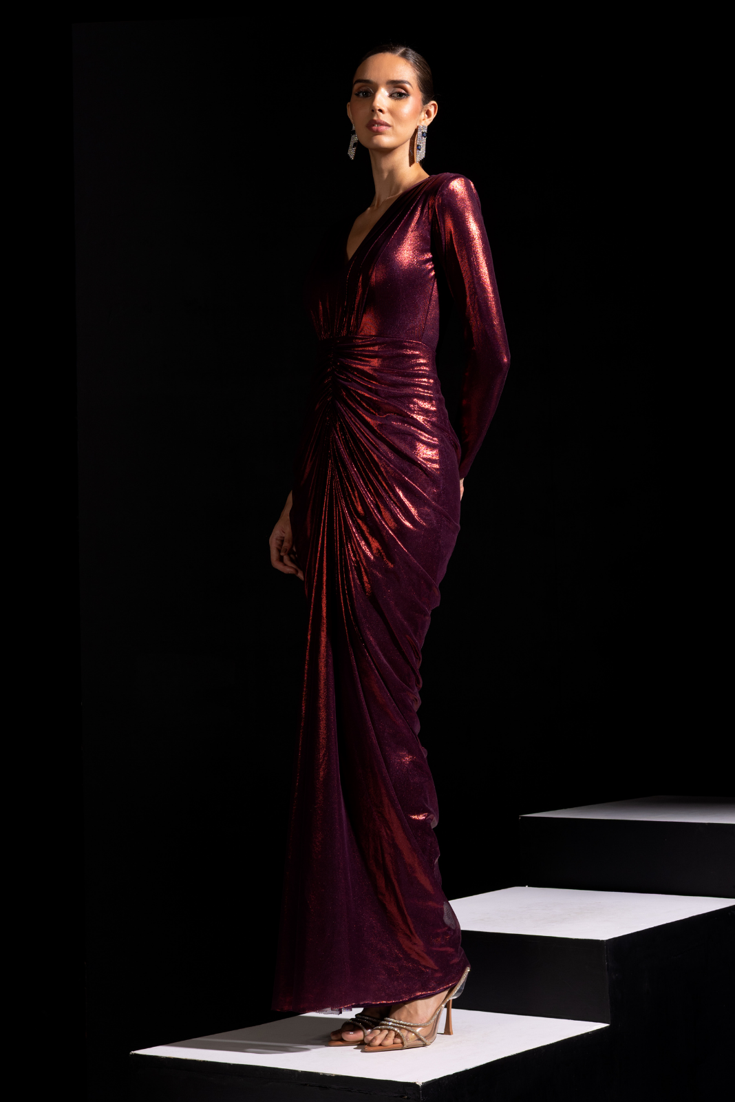 Metallic Red Full Sleeves Drape Gown - Claret