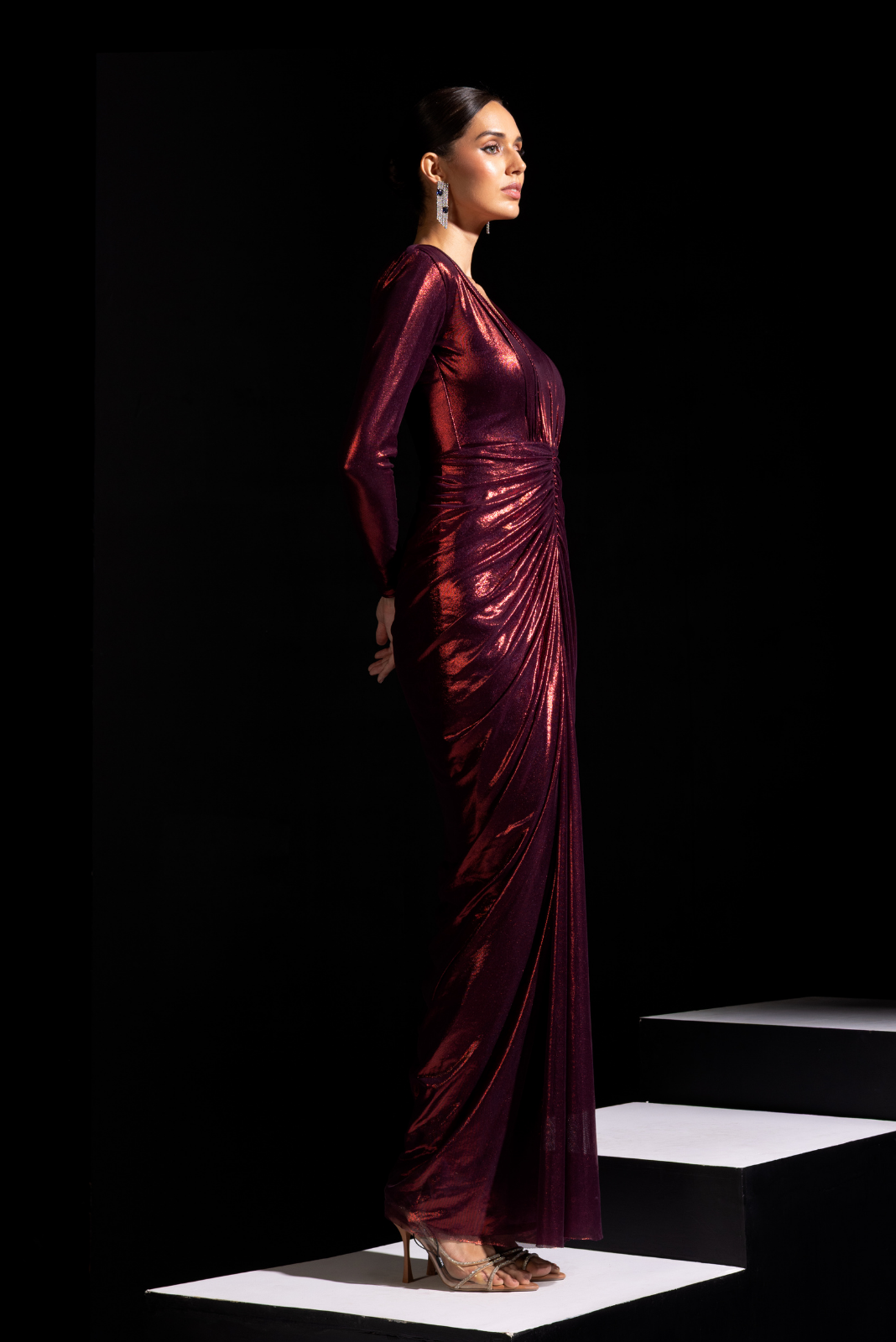 Metallic Red Full Sleeves Drape Gown - Claret