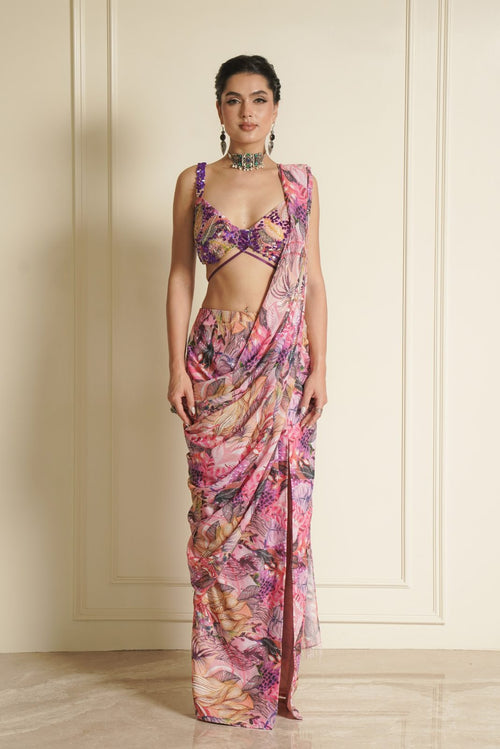 Multi Colour Printed Ready to Wear Saree with Handwork Blouse – Zinnia Zest