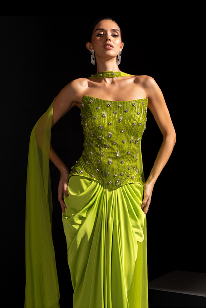 Neon Green Long Corset with Drape Skirt - Venom