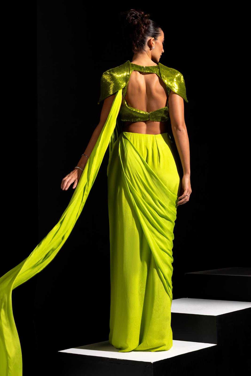 Neon Green Embroidered Blouse with Pre drapped Saree - Zest