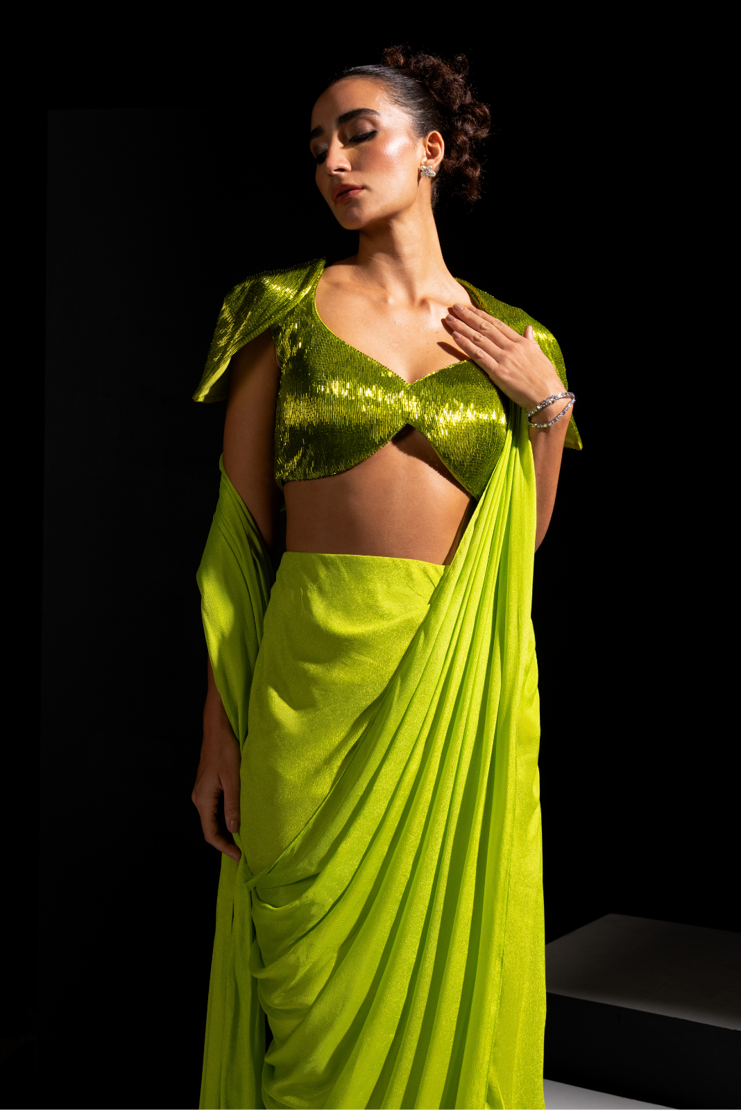 Neon Green Embroidered Blouse with Pre drapped Saree - Zest