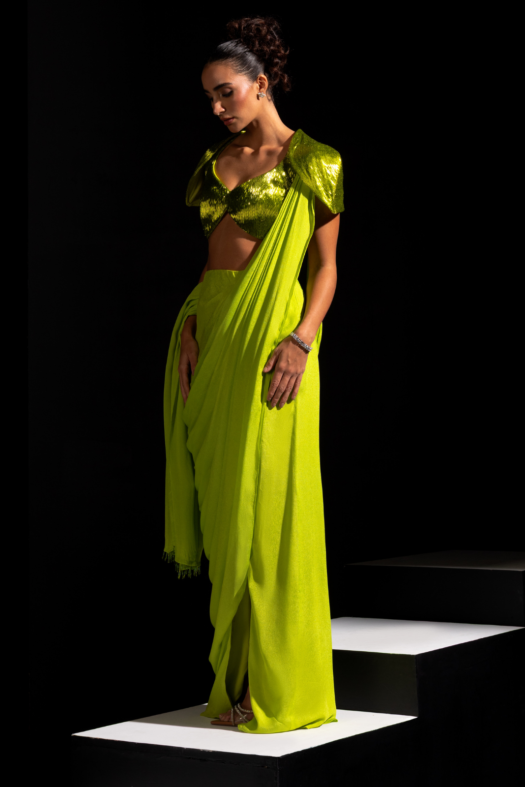 Neon Green Embroidered Blouse with Pre drapped Saree - Zest