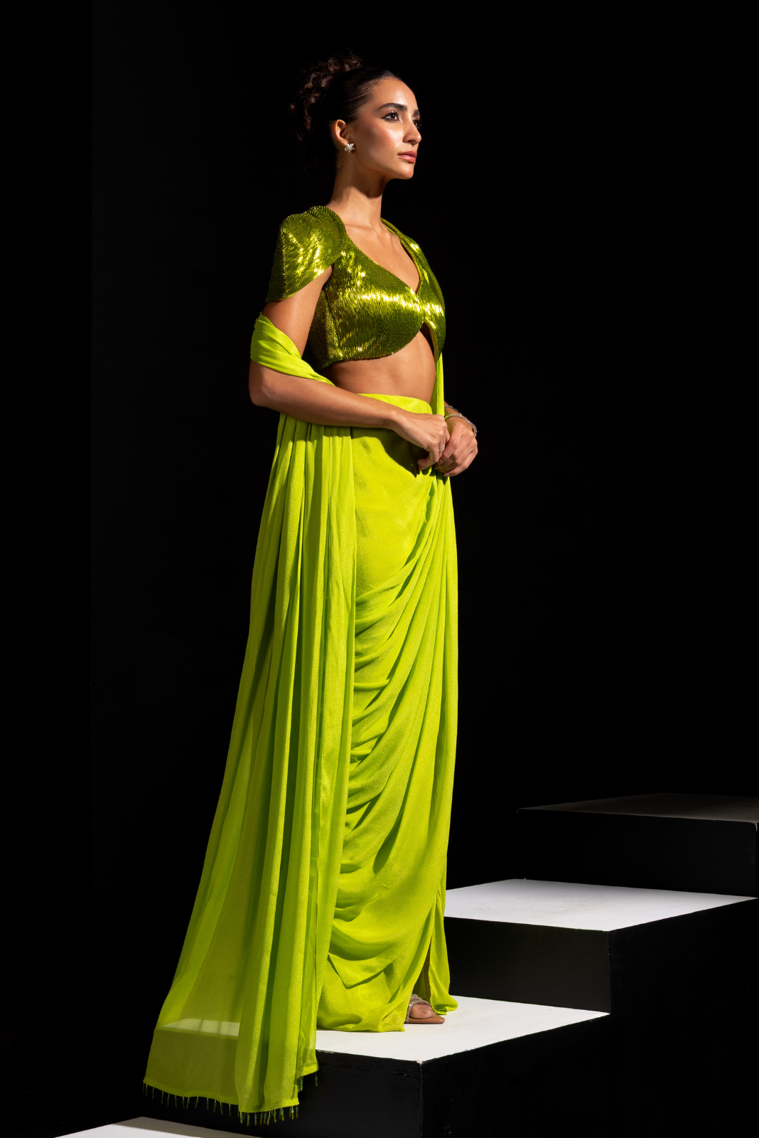 Neon Green Embroidered Blouse with Pre drapped Saree - Zest