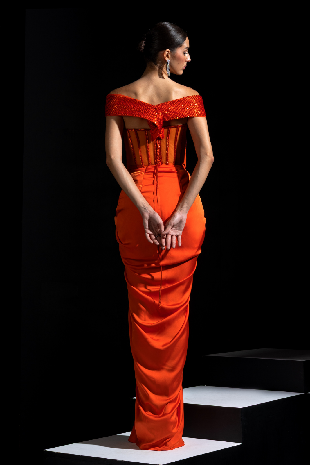 Orange Off shoulder Corset with Drape Skirt - Tangelo