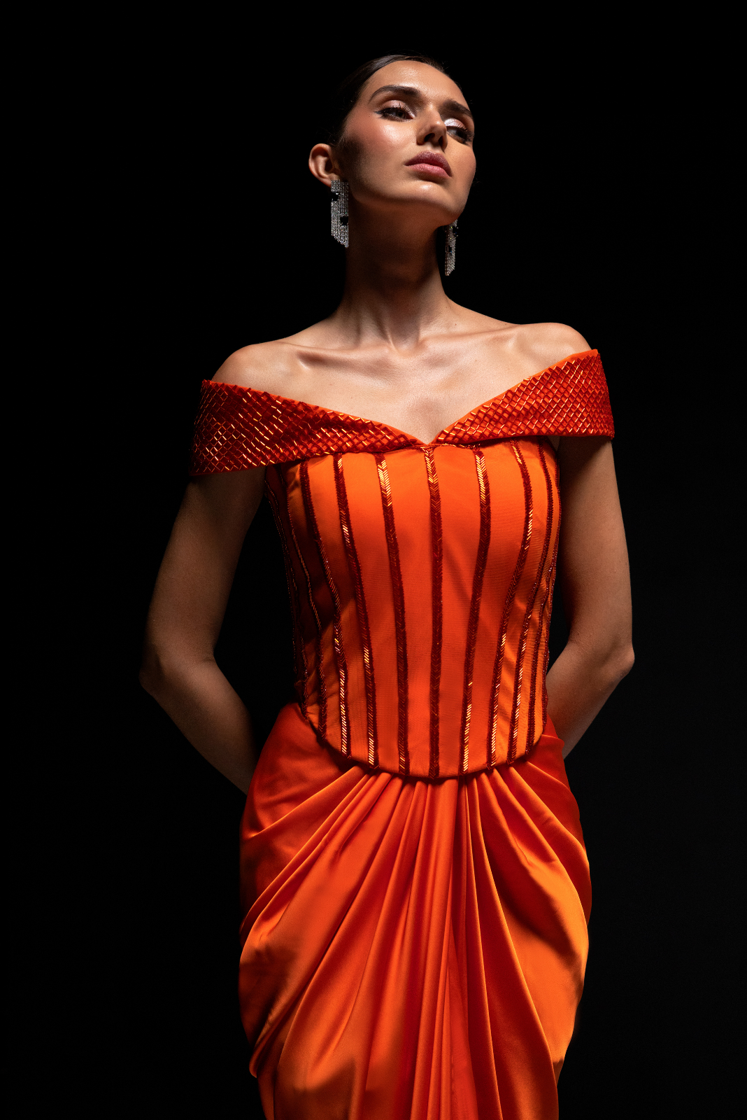 Orange Off shoulder Corset with Drape Skirt - Tangelo