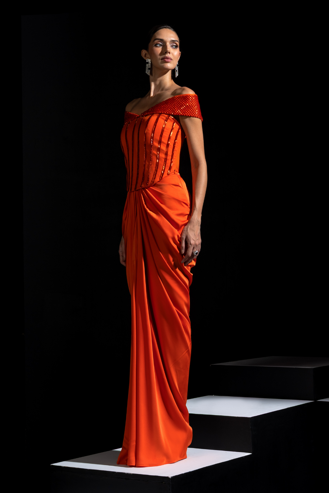 Orange Off shoulder Corset with Drape Skirt - Tangelo