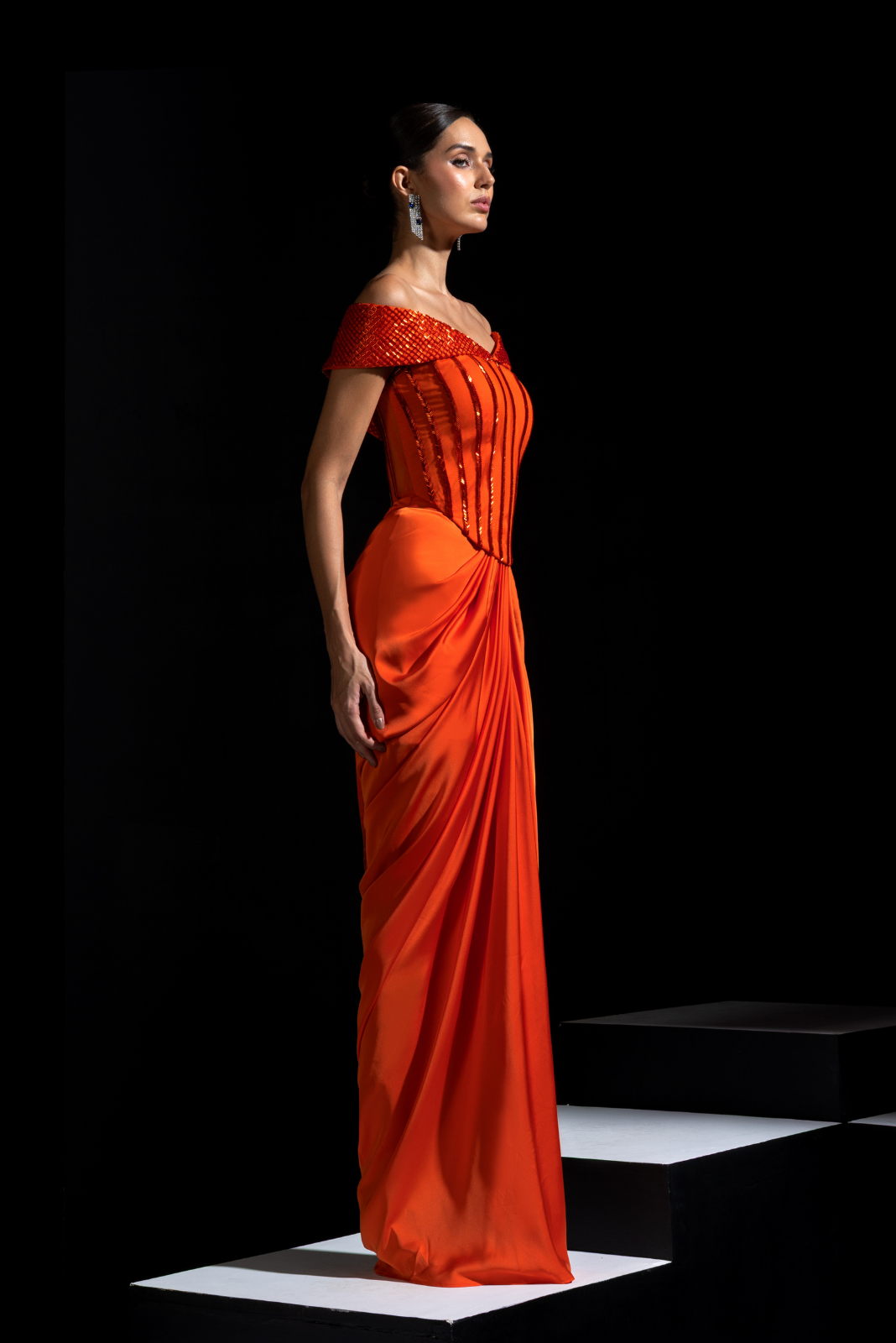 Orange Off shoulder Corset with Drape Skirt - Tangelo