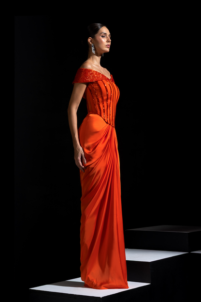 Orange Off shoulder Corset with Drape Skirt - Tangelo