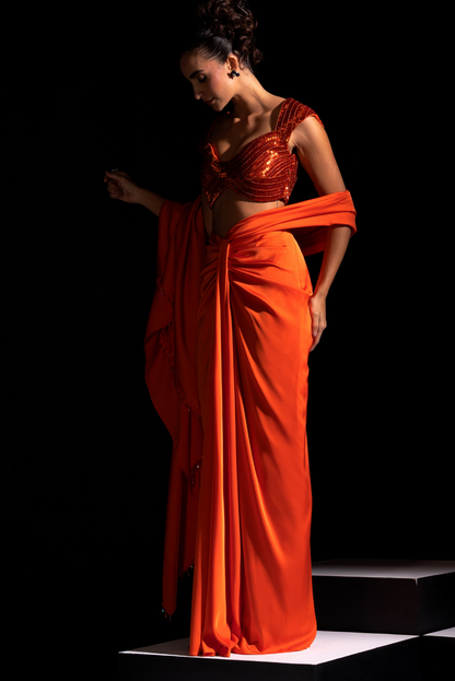 Orange Pre-draped Saree - Flame