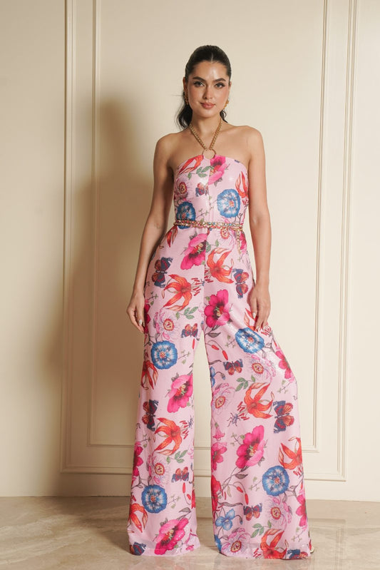 Pink Printed Sequence Jumpsuit with Metal Belt – Petal Pizza