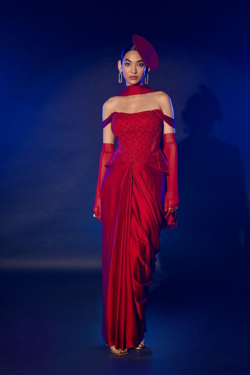⁠Structured Red Corset Saree