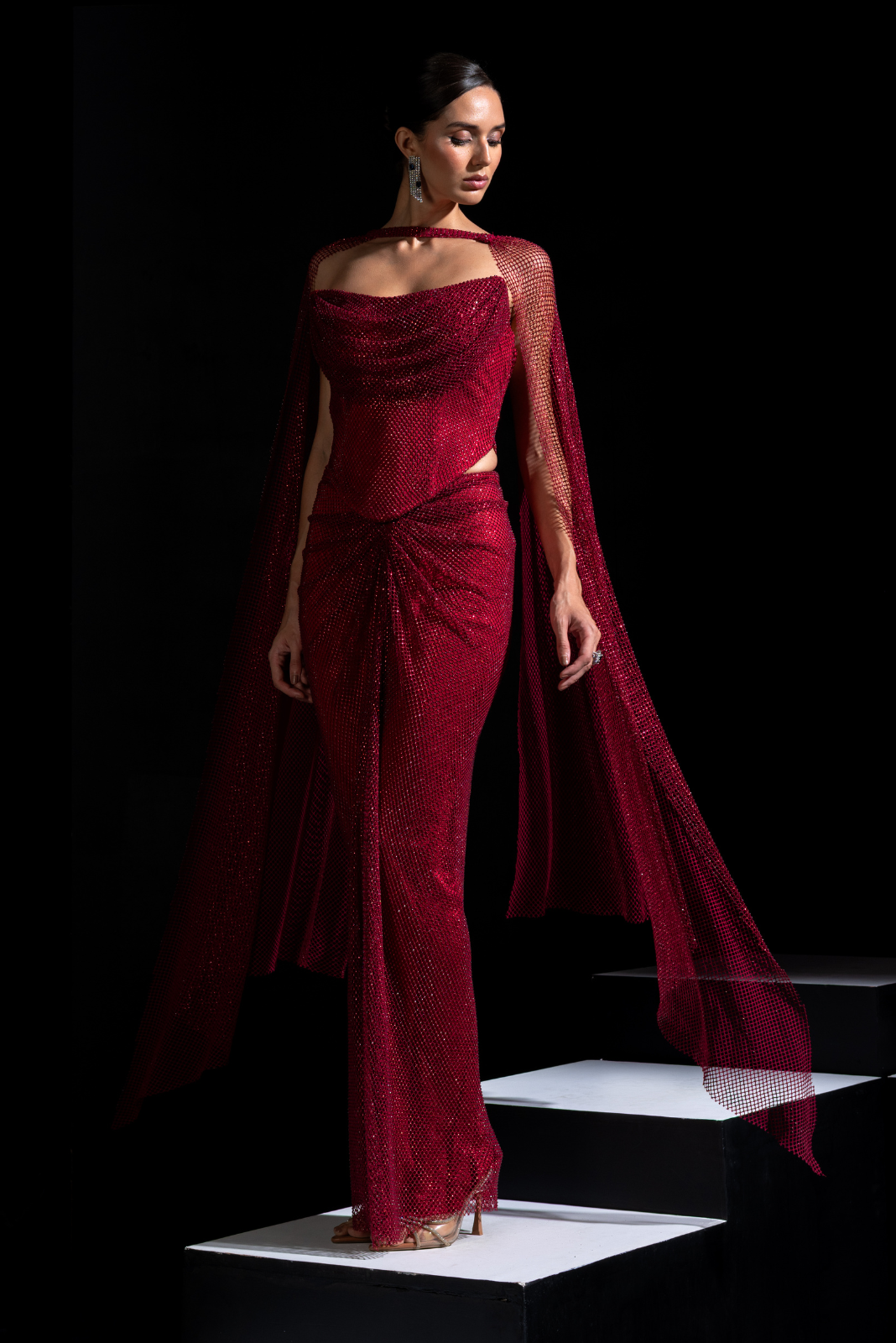 Red Drape Tube Corset with Skirt & Choker - Sangria