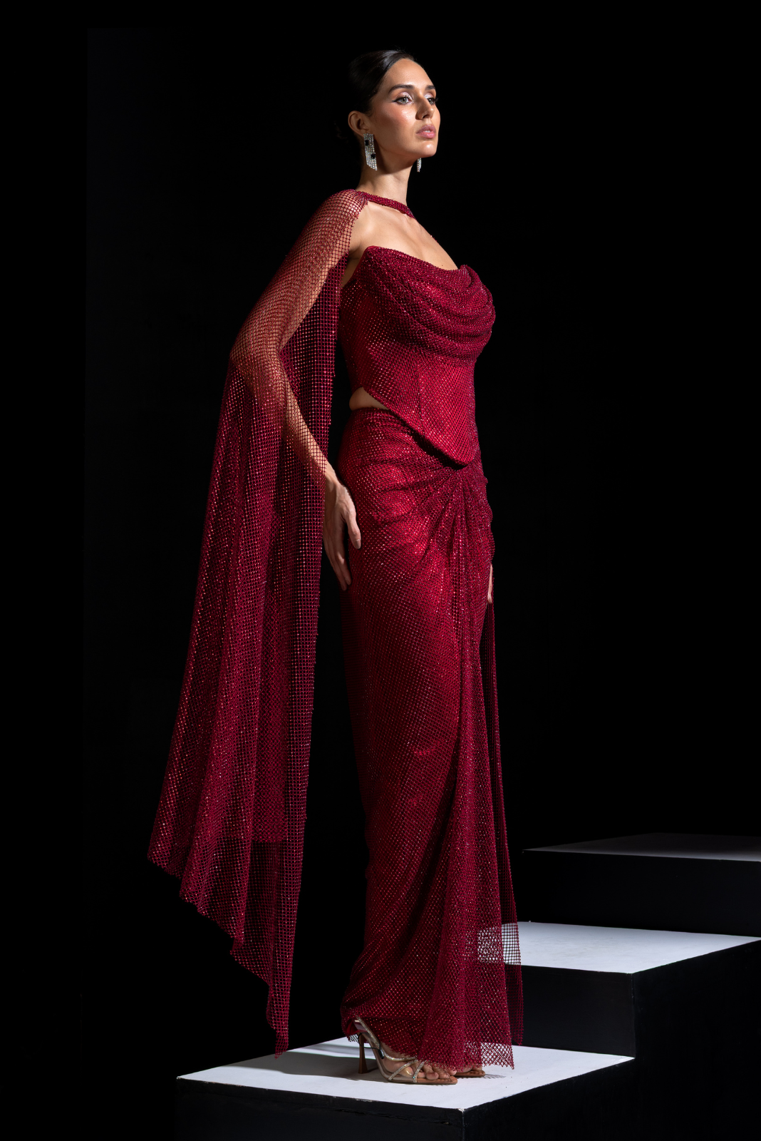 Red Drape Tube Corset with Skirt & Choker - Sangria