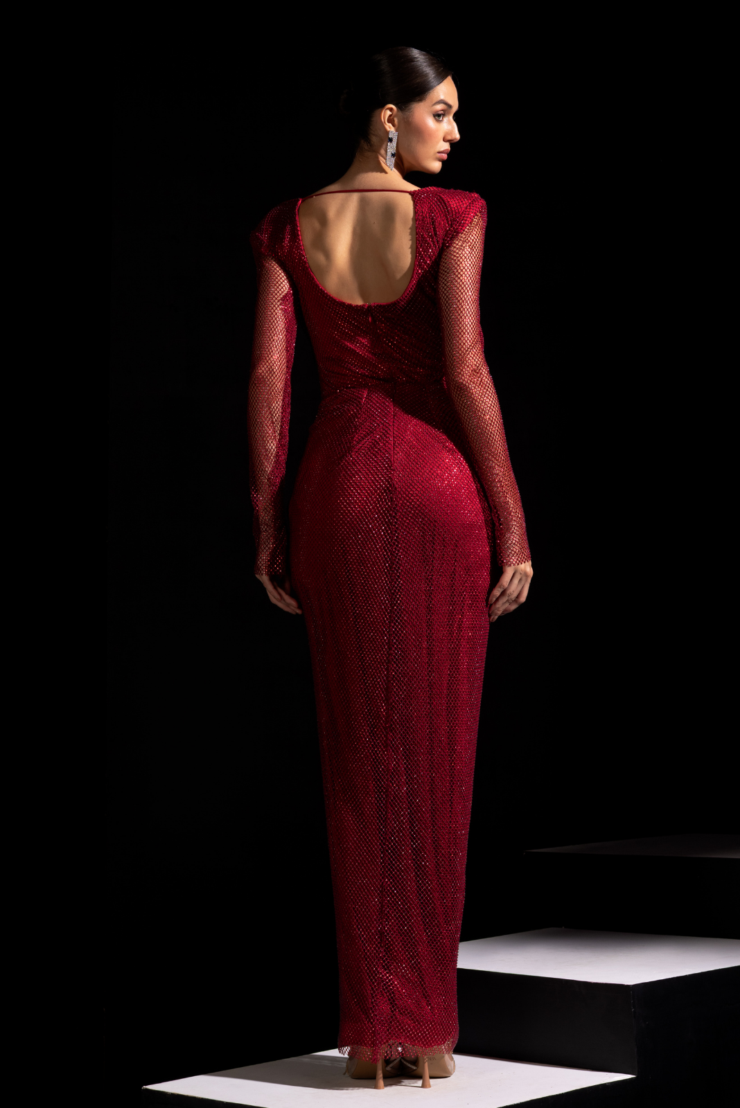 Red Full Sleeve Swarovski Drape Gown - Garnet