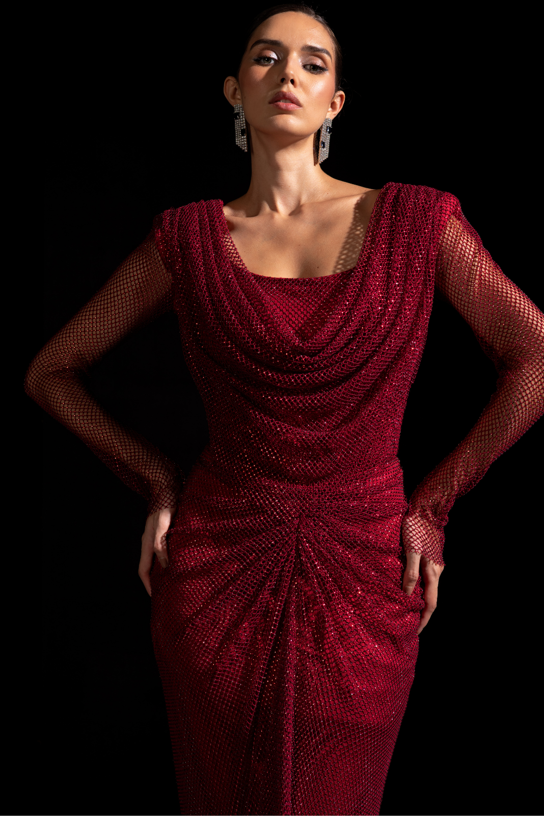 Red Full Sleeve Swarovski Drape Gown - Garnet