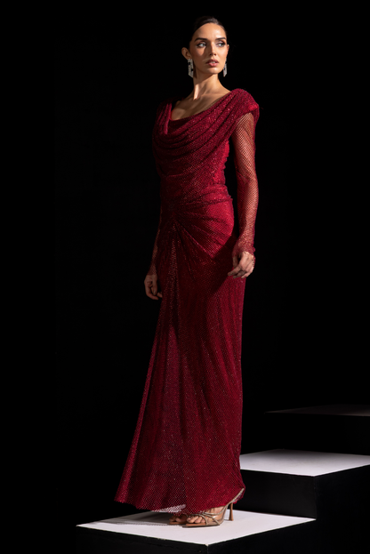 Red Full Sleeve Swarovski Drape Gown - Garnet