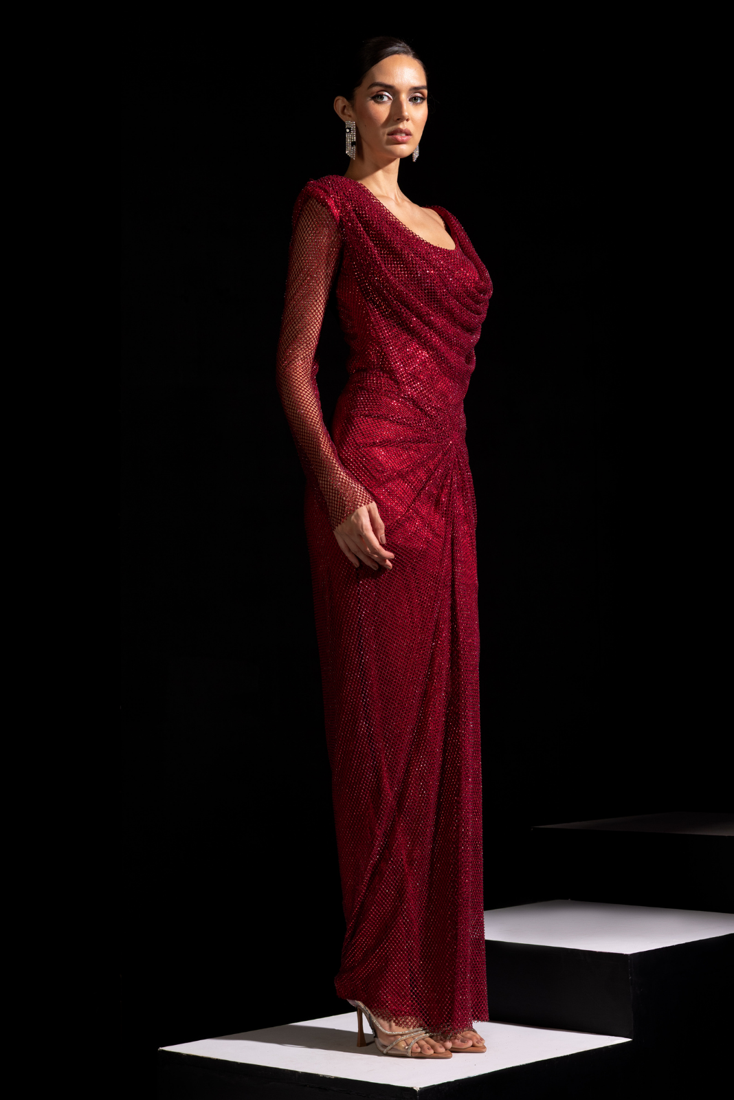 Red Full Sleeve Swarovski Drape Gown - Garnet