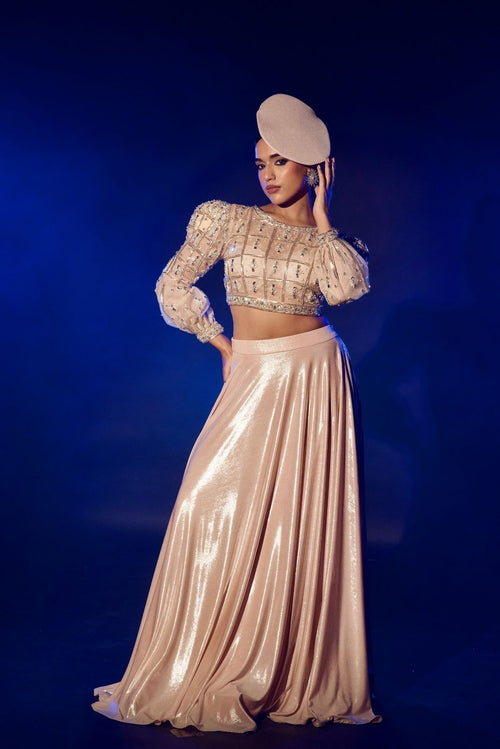 ⁠Rose Gold Power Shoulder Full Sleeve Blouse Set