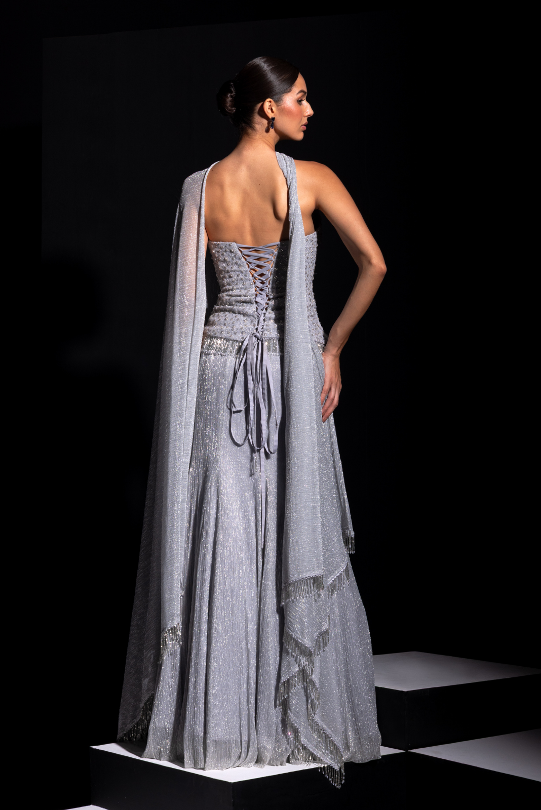Silver Asymmetrical Corset & Metallic Skirt with Ring Choker - Frost
