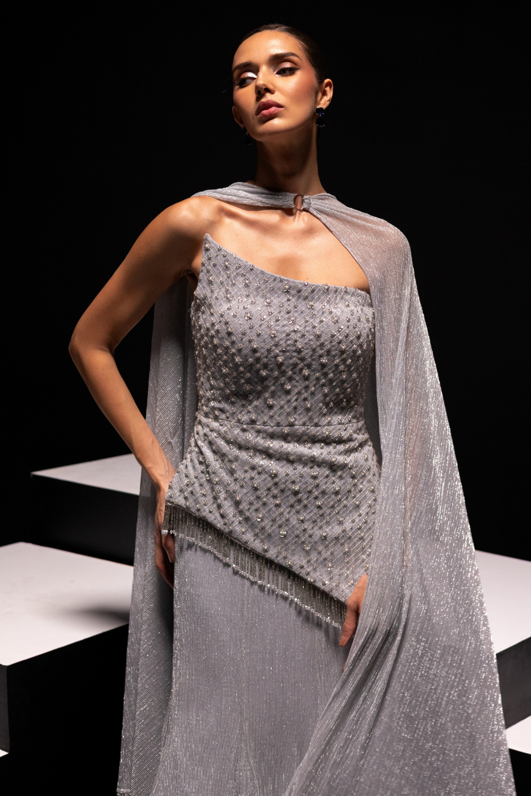 Silver Asymmetrical Corset & Metallic Skirt with Ring Choker - Frost