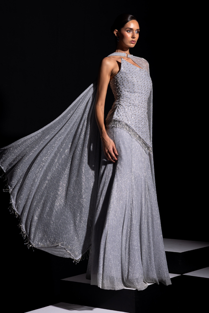 Silver Asymmetrical Corset & Metallic Skirt with Ring Choker - Frost