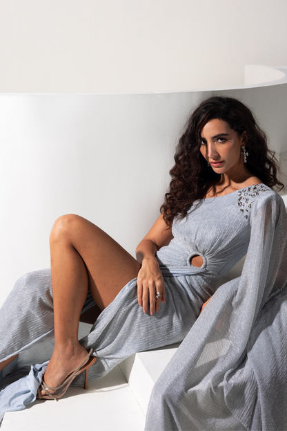 Silver One Shoulder Overlapping Gown with Slit - Lunara