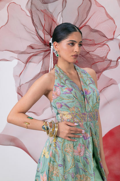 Green Printed Embroidered Halter Neck A-Line Kurta with Palazzo - Noor