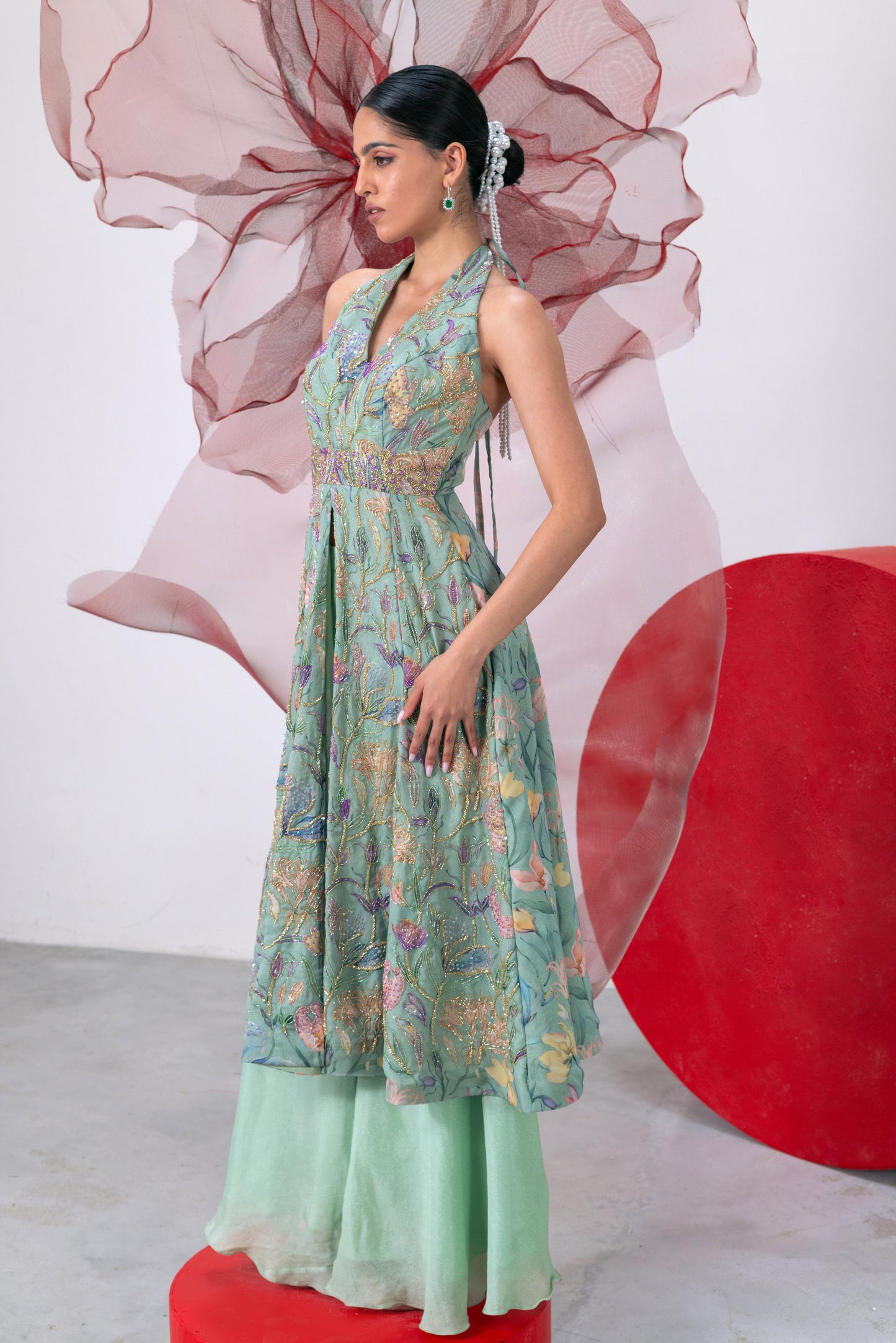 Green Printed Embroidered Halter Neck A-Line Kurta with Palazzo - Noor
