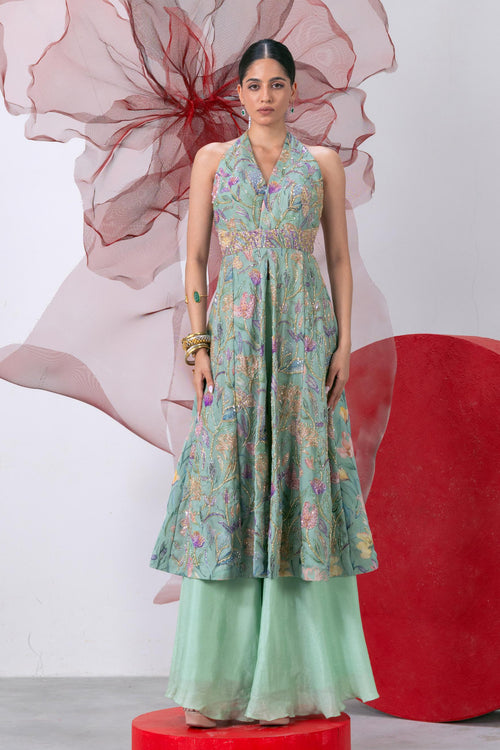 Green Printed Embroidered Halter Neck A-Line Kurta with Palazzo - Noor
