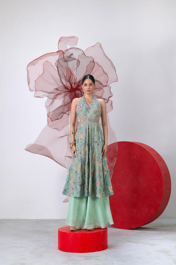 Green Printed Embroidered Halter Neck A-Line Kurta with Palazzo - Noor