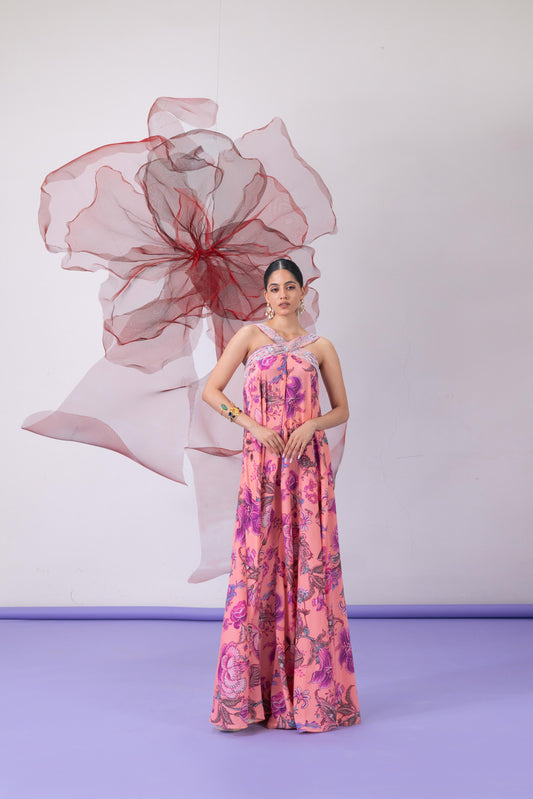 Pink Printed Halter Neck Jumpsuit with Embellished Collar - Chhalia