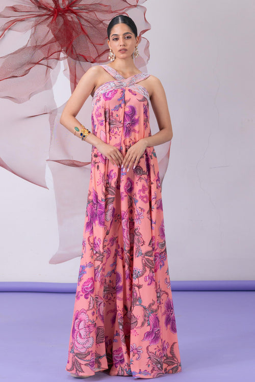 Pink Printed Halter Neck Jumpsuit with Embellished Collar - Chhalia