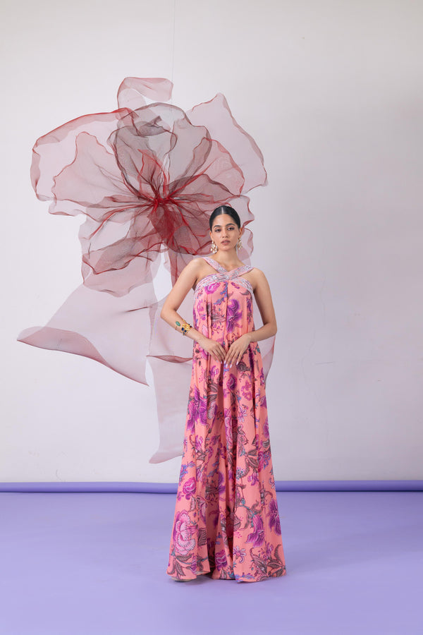 Pink Printed Halter Neck Jumpsuit with Embellished Collar - Chhalia
