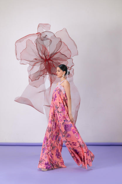 Pink Printed Halter Neck Jumpsuit with Embellished Collar - Chhalia
