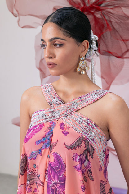 Pink Printed Halter Neck Jumpsuit with Embellished Collar - Chhalia